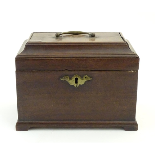 1177 - An 18thC mahogany tea caddy with handle to lid. Approx. 6 1/2