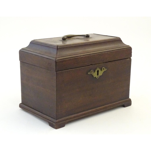 1177 - An 18thC mahogany tea caddy with handle to lid. Approx. 6 1/2