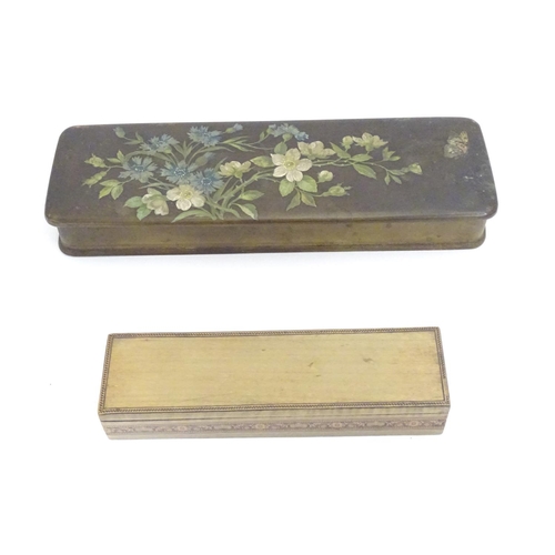 1184 - A Victorian papier mache glove box of rectangular form decorated with flowers and butterflies. Toget... 