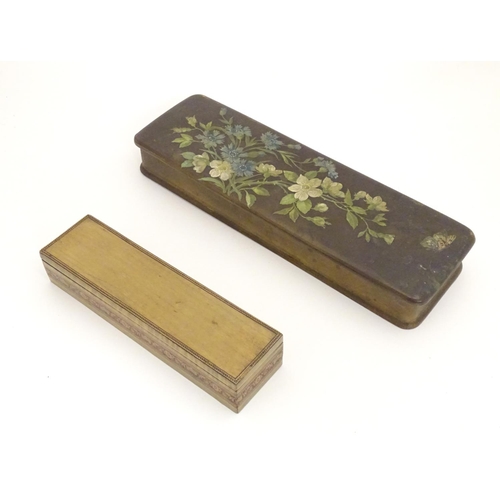 1184 - A Victorian papier mache glove box of rectangular form decorated with flowers and butterflies. Toget... 