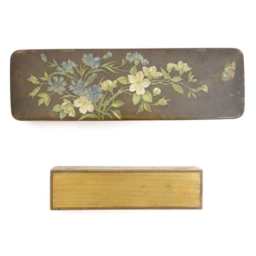 1184 - A Victorian papier mache glove box of rectangular form decorated with flowers and butterflies. Toget... 