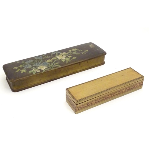 1184 - A Victorian papier mache glove box of rectangular form decorated with flowers and butterflies. Toget... 