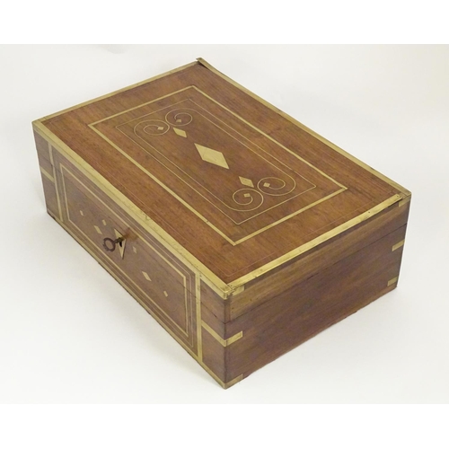 1192 - A Victorian mahogany box with brass banding and scrolling brass inlay. Approx. 4 1/2