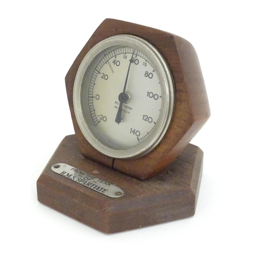 1227 - A 20thC desk thermometer / Rototherm by Corfield Ltd, London. Pat. No. 378314. The hexagonal teak su... 