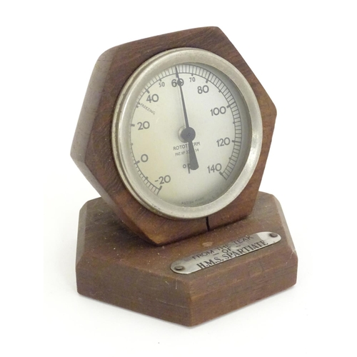 1227 - A 20thC desk thermometer / Rototherm by Corfield Ltd, London. Pat. No. 378314. The hexagonal teak su... 