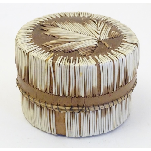 1231 - A Canadian quill and birch bark pot and cover with maple leaf decoration to top. Approx. 2 1/4