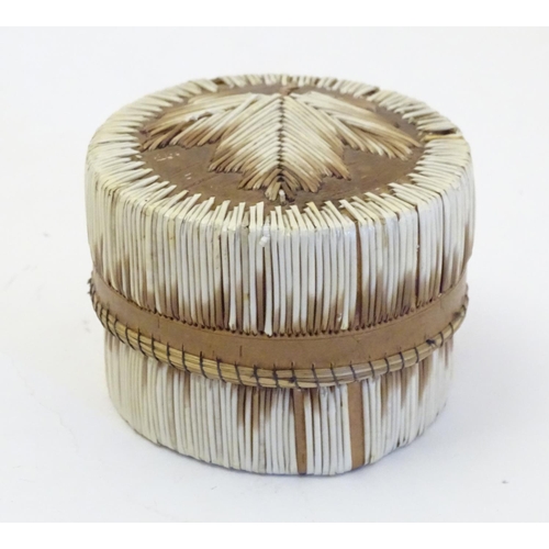 1231 - A Canadian quill and birch bark pot and cover with maple leaf decoration to top. Approx. 2 1/4