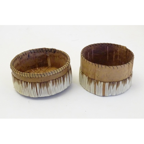 1231 - A Canadian quill and birch bark pot and cover with maple leaf decoration to top. Approx. 2 1/4