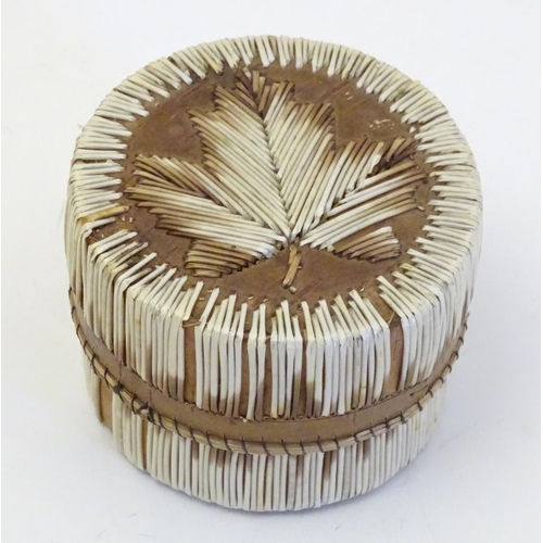 1231 - A Canadian quill and birch bark pot and cover with maple leaf decoration to top. Approx. 2 1/4