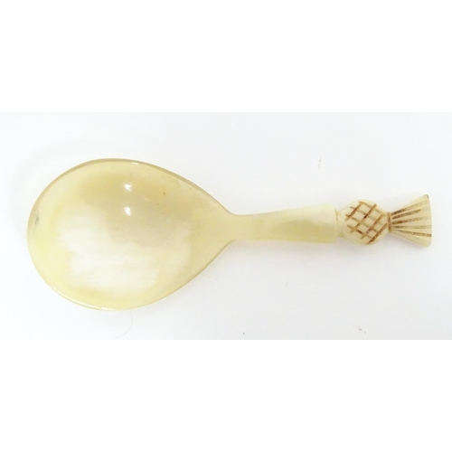 1237 - A 20thC horn caddy spoon with carved pineapple finial. Approx. 3 1/2