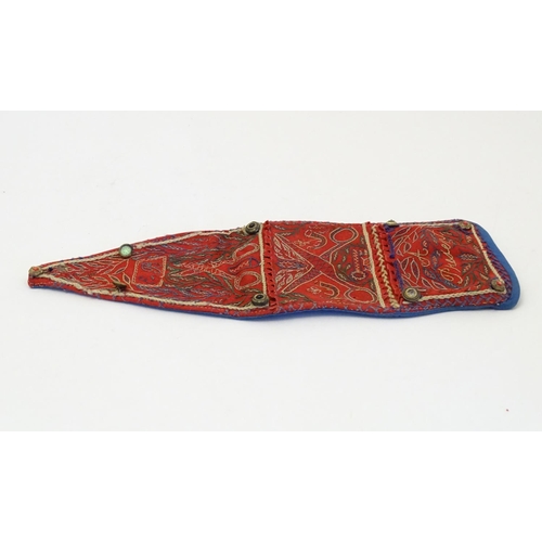 1251 - An early 20thC needlework wall pocket for keeping sewing accessories, decorated with cabochon style ... 