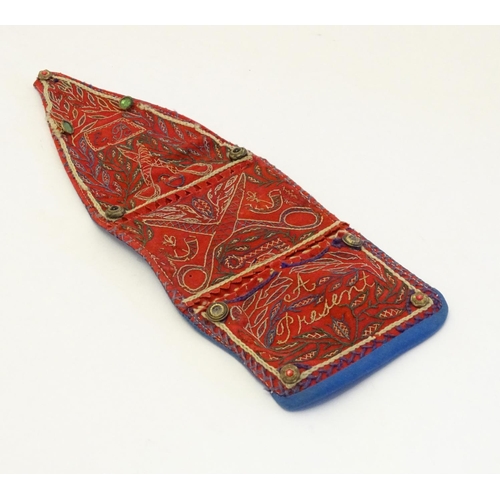 1251 - An early 20thC needlework wall pocket for keeping sewing accessories, decorated with cabochon style ... 