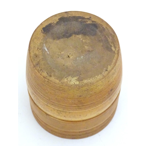 1293 - A 19thC boxwood treen container of barrel form with screw top and pokerwork decoration. Approx. 2 7/... 