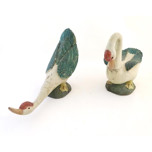 1339 - Two primitive carved wooden folk art models of geese with polychrome decoration. Possibly Chinese sy... 