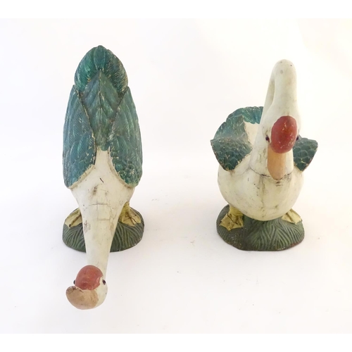 1339 - Two primitive carved wooden folk art models of geese with polychrome decoration. Possibly Chinese sy... 