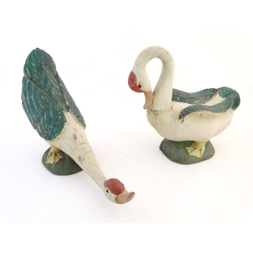 1339 - Two primitive carved wooden folk art models of geese with polychrome decoration. Possibly Chinese sy... 