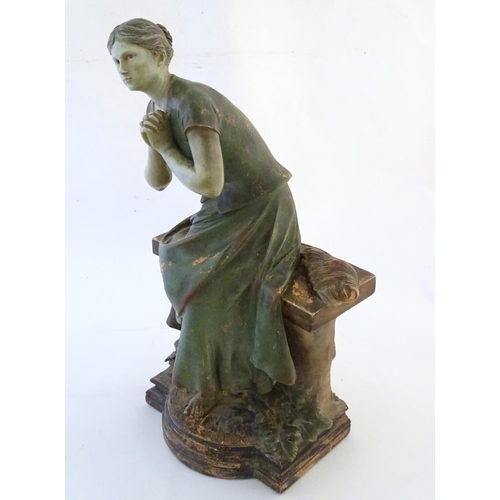 1367 - A 20thC French terracotta sculpture of a seated woman on a bench after Luca Madrassi (1849-1919), si... 