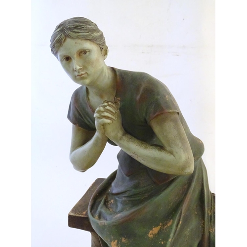 1367 - A 20thC French terracotta sculpture of a seated woman on a bench after Luca Madrassi (1849-1919), si... 