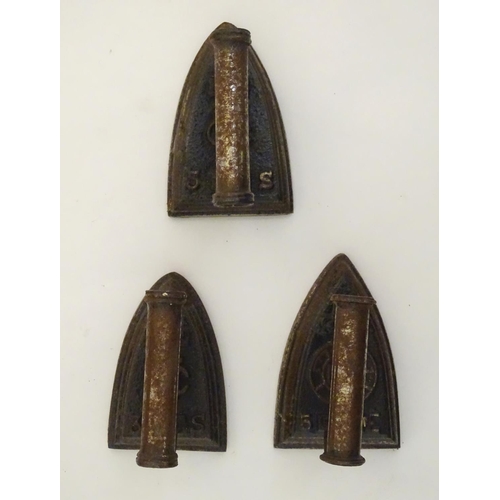 1462 - Three 19thC sad irons / flat irons, two marked with CU cypher and size designations 5 S & 3 S, anoth... 