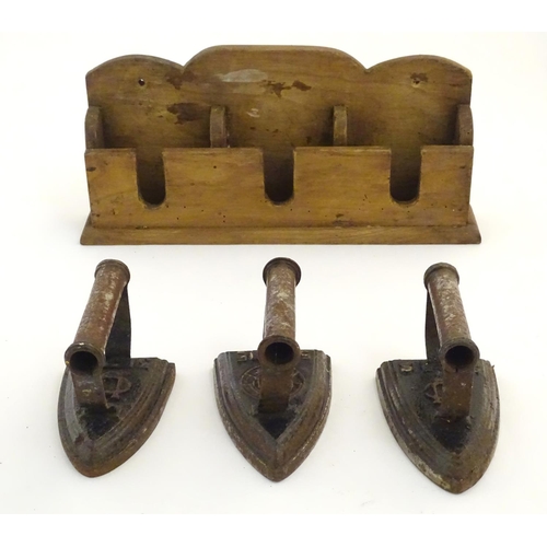 1462 - Three 19thC sad irons / flat irons, two marked with CU cypher and size designations 5 S & 3 S, anoth... 