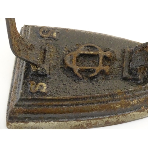 1462 - Three 19thC sad irons / flat irons, two marked with CU cypher and size designations 5 S & 3 S, anoth... 