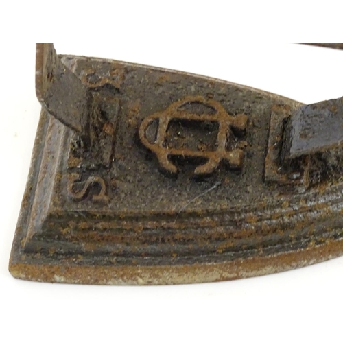 1462 - Three 19thC sad irons / flat irons, two marked with CU cypher and size designations 5 S & 3 S, anoth... 