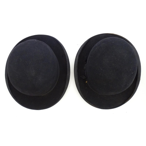 1555 - Two vintage black bowler hats, size 7 and size 12. One impressed to inner rim The Ideal, the other i... 