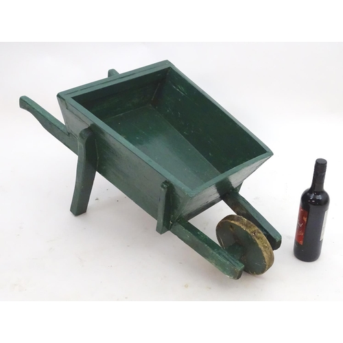 1583 - Garden & Architectural, Salvage: a hand made small garden wheel barrow with painted green finish, ap... 