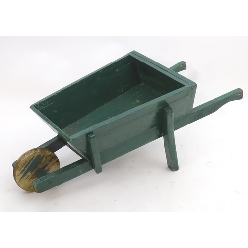 1583 - Garden & Architectural, Salvage: a hand made small garden wheel barrow with painted green finish, ap... 