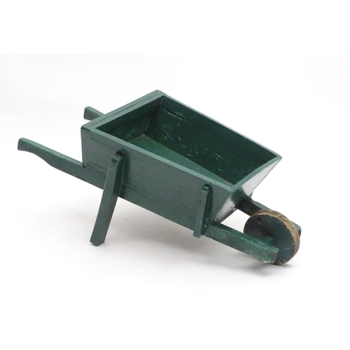 1583 - Garden & Architectural, Salvage: a hand made small garden wheel barrow with painted green finish, ap... 