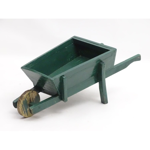 1583 - Garden & Architectural, Salvage: a hand made small garden wheel barrow with painted green finish, ap... 