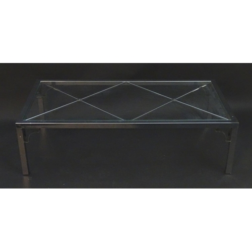 2218 - Vintage Retro mid Century modern: A large chromed and glass topped coffee table with cross bracing, ... 