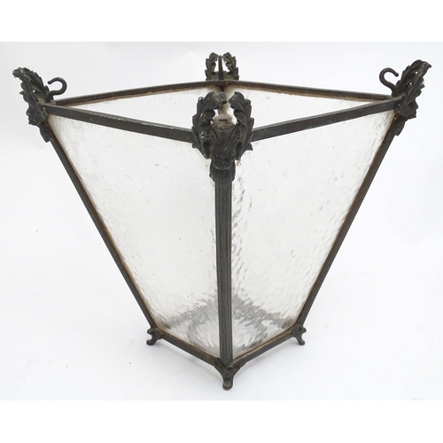 2266 - A 19thC pendant lantern shade, of tapering form with bronze mounts enclosing stippled glass panels, ... 