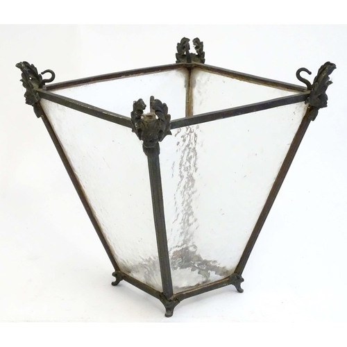 2266 - A 19thC pendant lantern shade, of tapering form with bronze mounts enclosing stippled glass panels, ... 