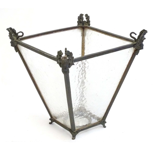 2266 - A 19thC pendant lantern shade, of tapering form with bronze mounts enclosing stippled glass panels, ... 