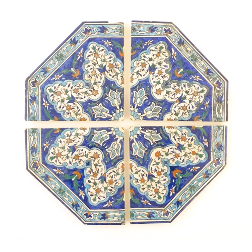 105 - Four Eastern tiles with iznik style floral and foliate decoration, forming an octagon. Each tile app... 