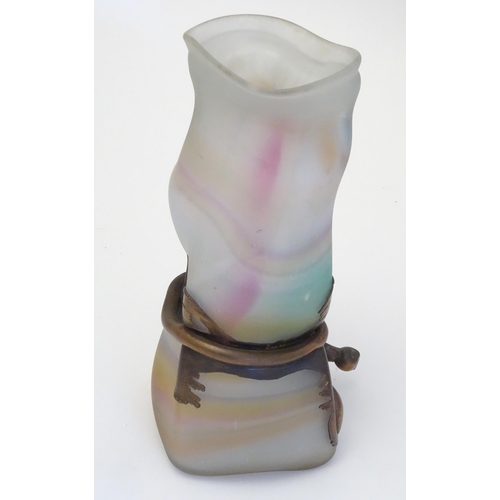 265 - A satin art glass vase of sack / bag form with applied bronzed tie detail to waist. In the manner of... 