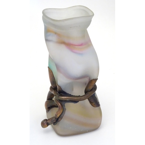 265 - A satin art glass vase of sack / bag form with applied bronzed tie detail to waist. In the manner of... 