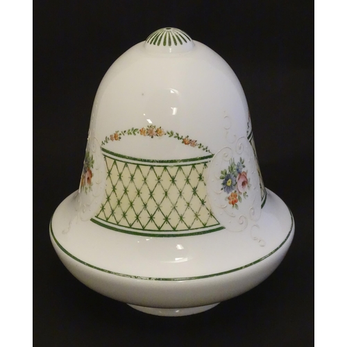 292 - A Victorian milk glass shade of bell / acorn form with hand pained decoration. Approx. 9 1/2