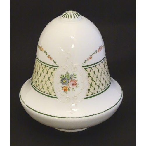 292 - A Victorian milk glass shade of bell / acorn form with hand pained decoration. Approx. 9 1/2