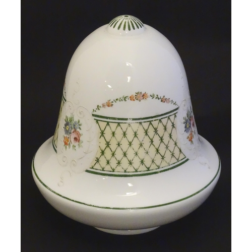 292 - A Victorian milk glass shade of bell / acorn form with hand pained decoration. Approx. 9 1/2