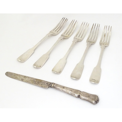 318 - A set of 5 Victorian silver fiddle pattern dessert forks hallmarked 1851 maker Chawner & Co Approx 7... 