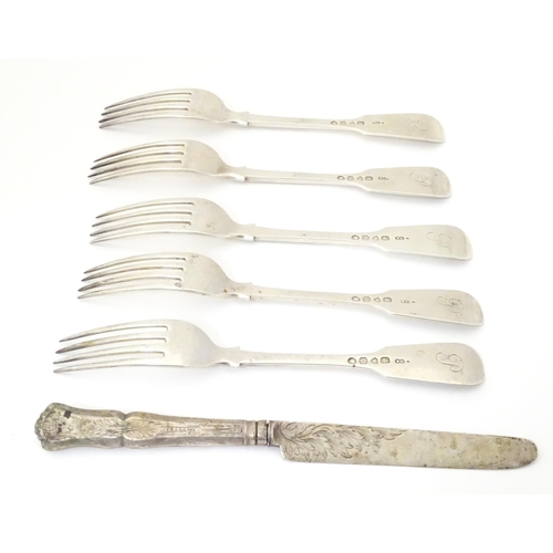 318 - A set of 5 Victorian silver fiddle pattern dessert forks hallmarked 1851 maker Chawner & Co Approx 7... 