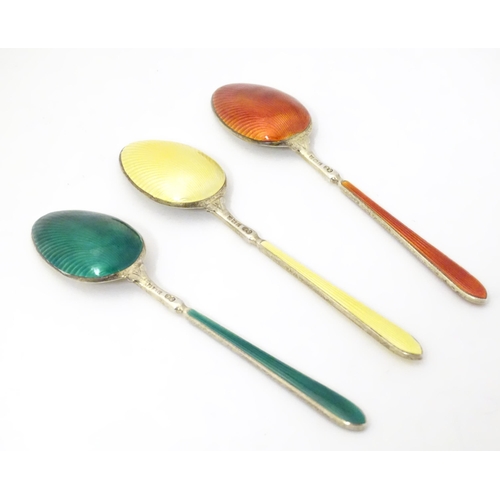 330 - Three silver teaspoons with guilloche enamel decoration, hallmarked Birmingham c.1950 maker William ... 