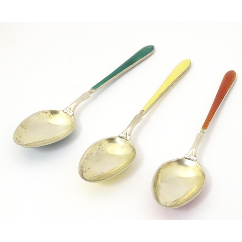 330 - Three silver teaspoons with guilloche enamel decoration, hallmarked Birmingham c.1950 maker William ... 