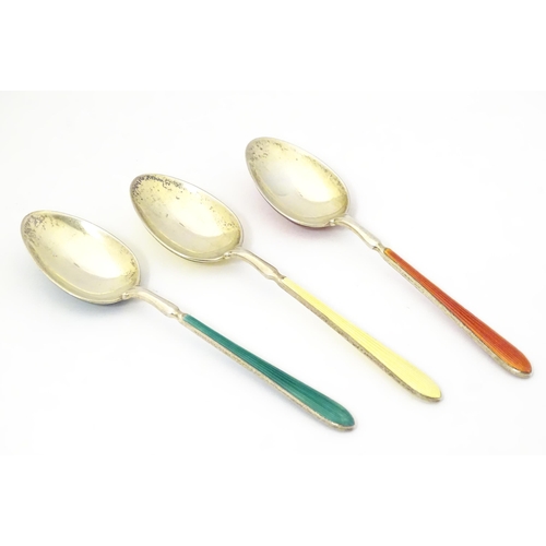 330 - Three silver teaspoons with guilloche enamel decoration, hallmarked Birmingham c.1950 maker William ... 