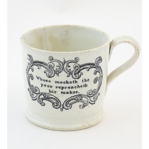 74A - A proverb mug / cup with a scrolled cartouche with the verse: Whoso mocketh the poor reproacheth his... 