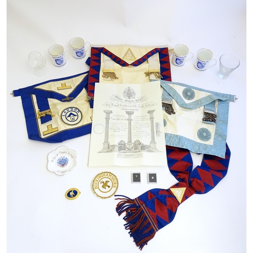 1186 - A quantity of local interest Masonic / Freemasons regalia, to include aprons, collar with pendant, a... 