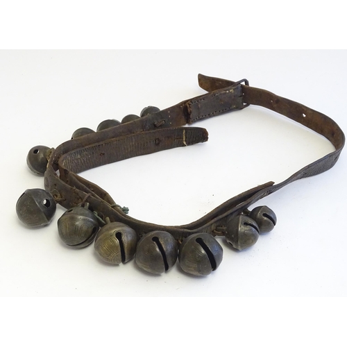 1190 - Agricultural bygones : Twelve late 19th / early 20thC crotal bells / rumble bells mounted on a leath... 