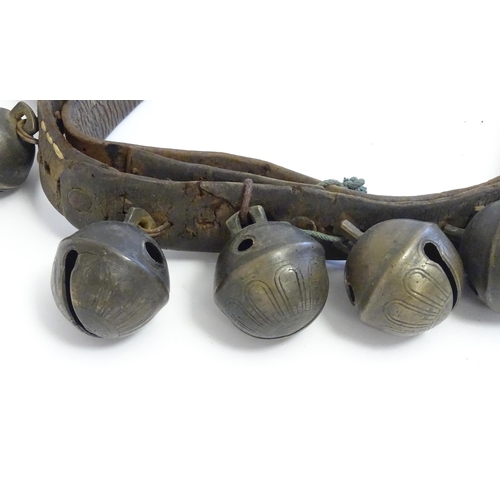 1190 - Agricultural bygones : Twelve late 19th / early 20thC crotal bells / rumble bells mounted on a leath... 